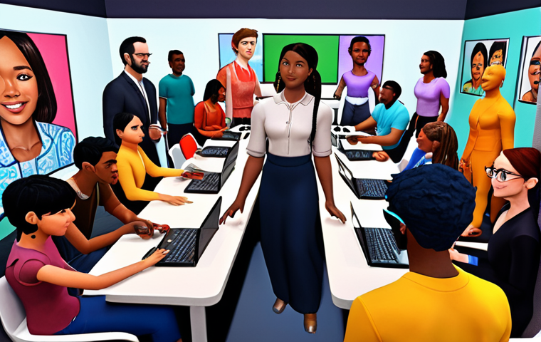 **

Prompt: "A vibrant and bustling Metaverse scene. People from diverse backgrounds interacting with each other using avatars. Focus on visual representation of social interaction tools such as voice chat, virtual meeting, or shared creative workspace. Highlight advanced avatar customization options with various outfits and accessories."

**