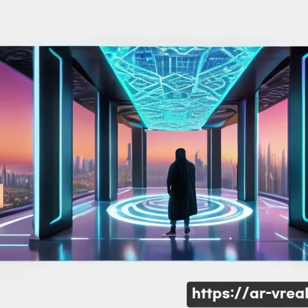 메타버스 플랫폼 개발 시 피해야 할 일반적인 실수 - A vibrant virtual metaverse social hub set in a futuristic Middle Eastern cityscape at sunset, featu...