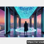 Home 17 메타버스 플랫폼 개발 시 피해야 할 일반적인 실수 - A vibrant virtual metaverse social hub set in a futuristic Middle Eastern cityscape at sunset, featu...