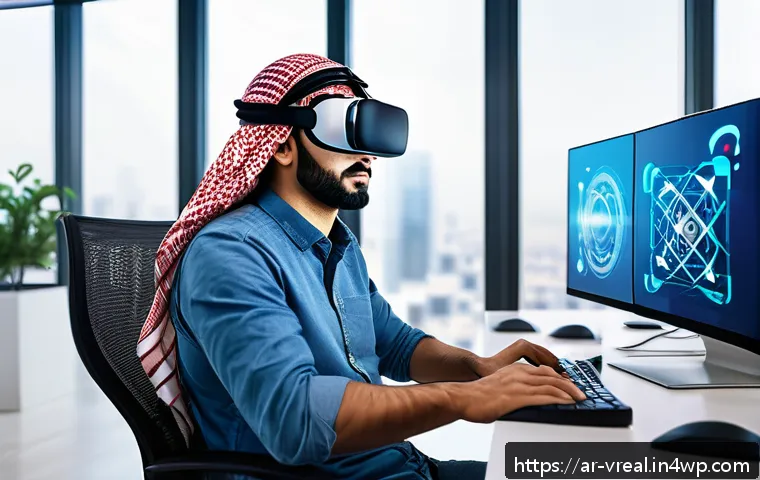 메타버스 플랫폼 구축을 위한 스크립팅 언어 - A detailed digital art scene depicting a Middle Eastern software developer in a modern office settin...