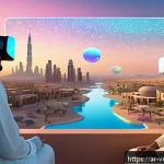 Home 21 메타버스 플랫폼에서의 커뮤니케이션 도구 - A vibrant digital virtual reality environment showcasing diverse Arab users engaging in a three-dime...