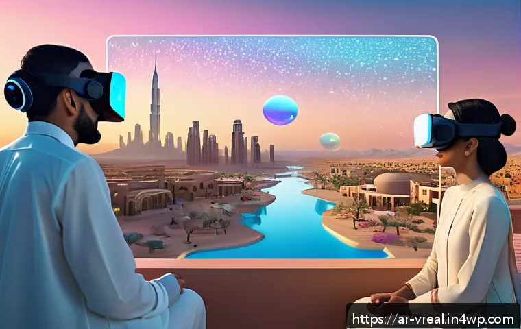 메타버스 플랫폼에서의 커뮤니케이션 도구 - A vibrant digital virtual reality environment showcasing diverse Arab users engaging in a three-dime...