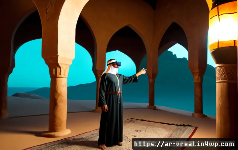 메타버스 게임의 스토리텔링 기법 - Photorealistic cinematic scene of an Arab game storyteller wearing a modern VR headset in a warm lan...