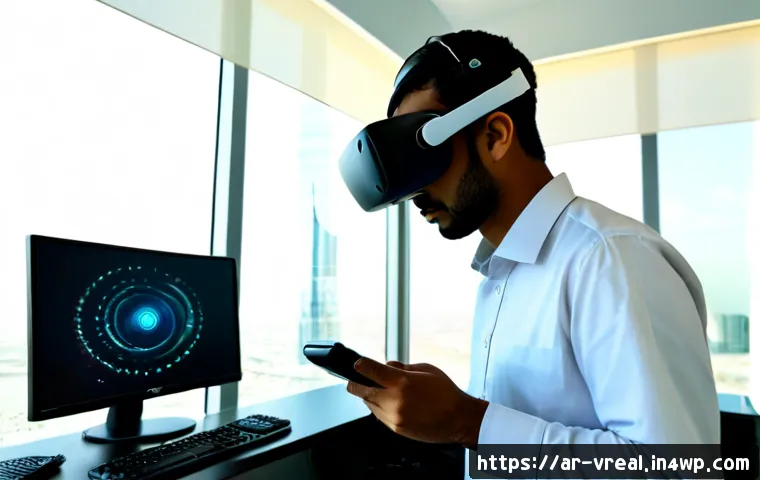 메타버스 개발 시 발생할 수 있는 기술적 문제 - Photorealistic Gulf Arab software engineer in modest professional attire troubleshooting a virtual r...